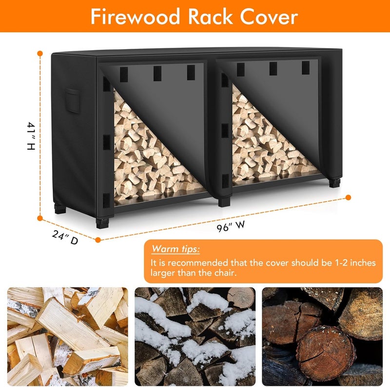 WLEAFJ 8 foot Outdoor Firewood Rack Cover Waterproof, Log Rack Cover, Wood Cover for Log Holder, 96" W x 24" D x 41" H, Black - Image 2